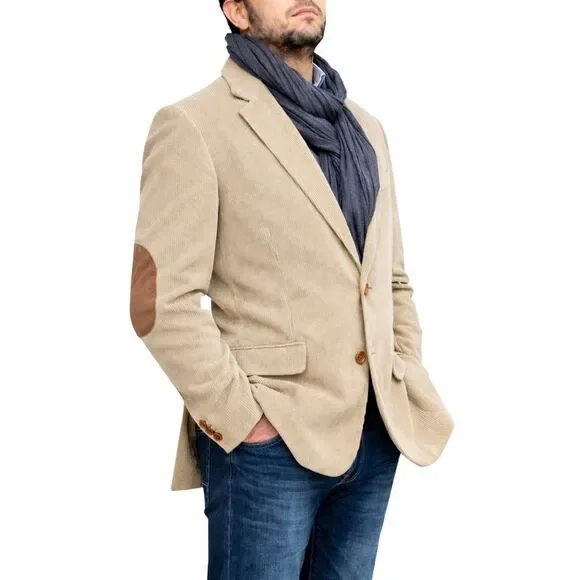 VINTAGE LEVI'S Corduroy Blazer Sport Coat Suede Elbows Two Button Tan Size 44L - Picture 1 of 16